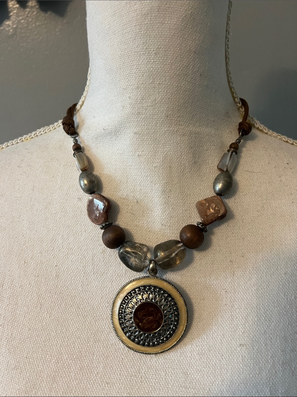 Boho Brown and Silver Pendant Necklace
